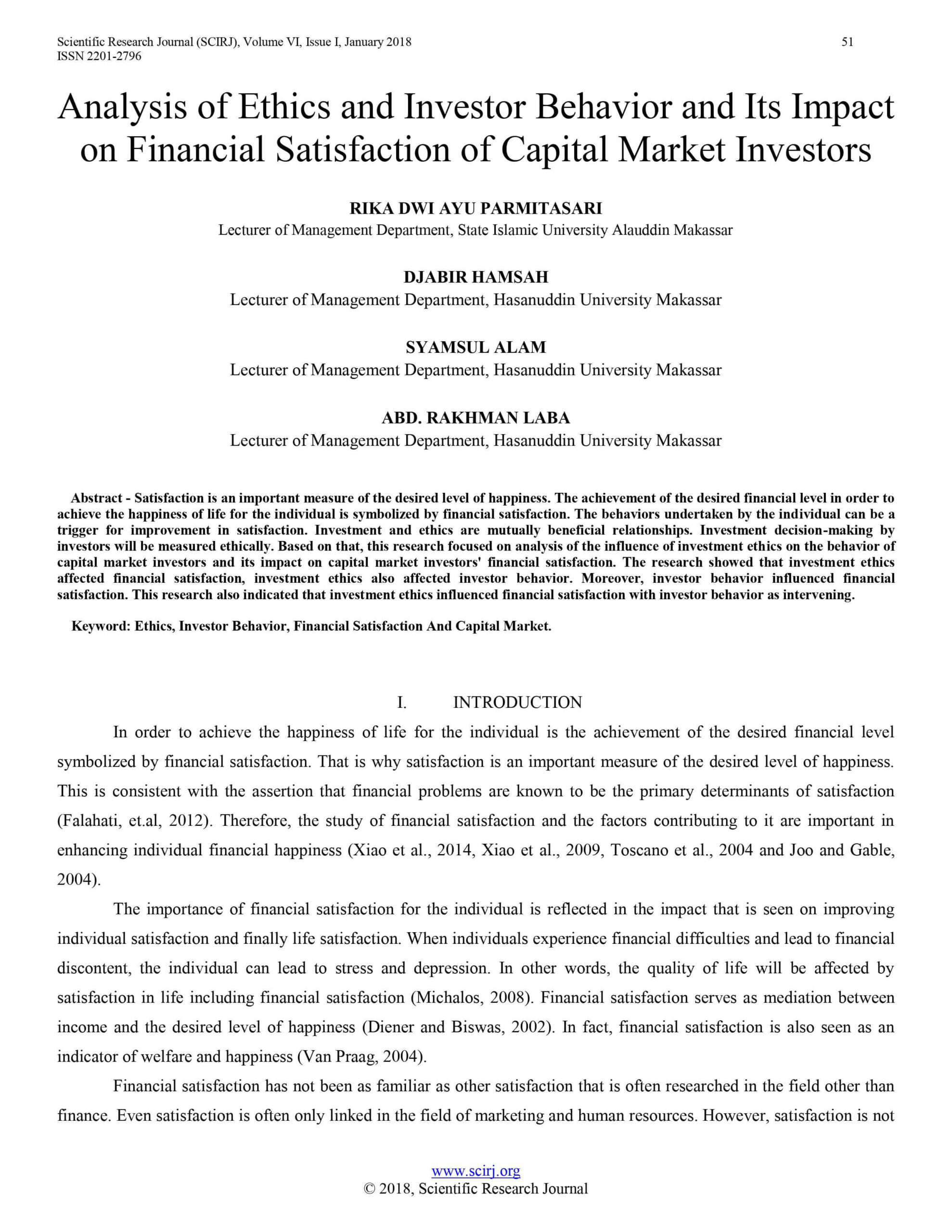 Analysis of ethics and investor behaviour and its impact on financial satisfaction of capital market investors