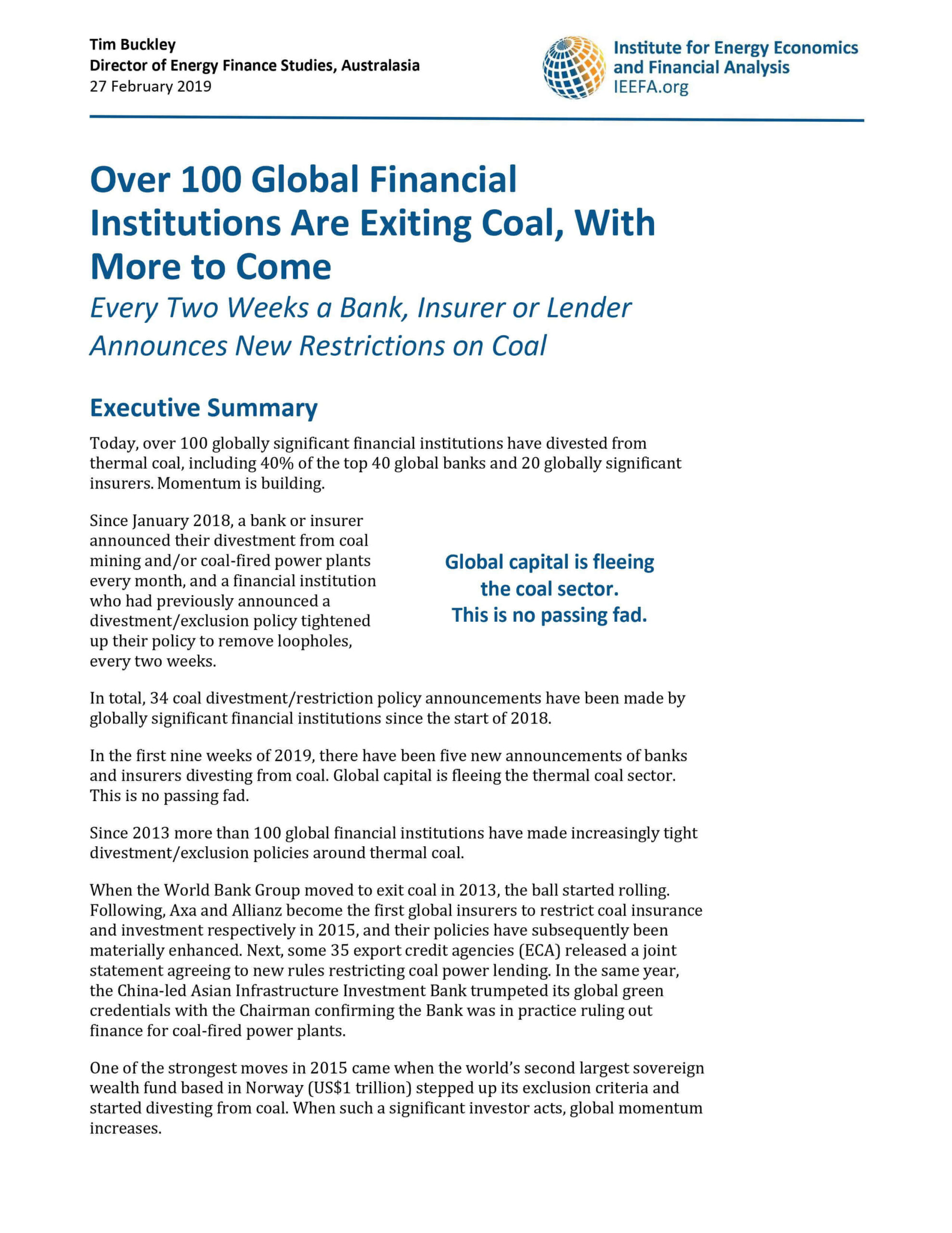 Over 100 global financial institutions are exiting coal, with more to come