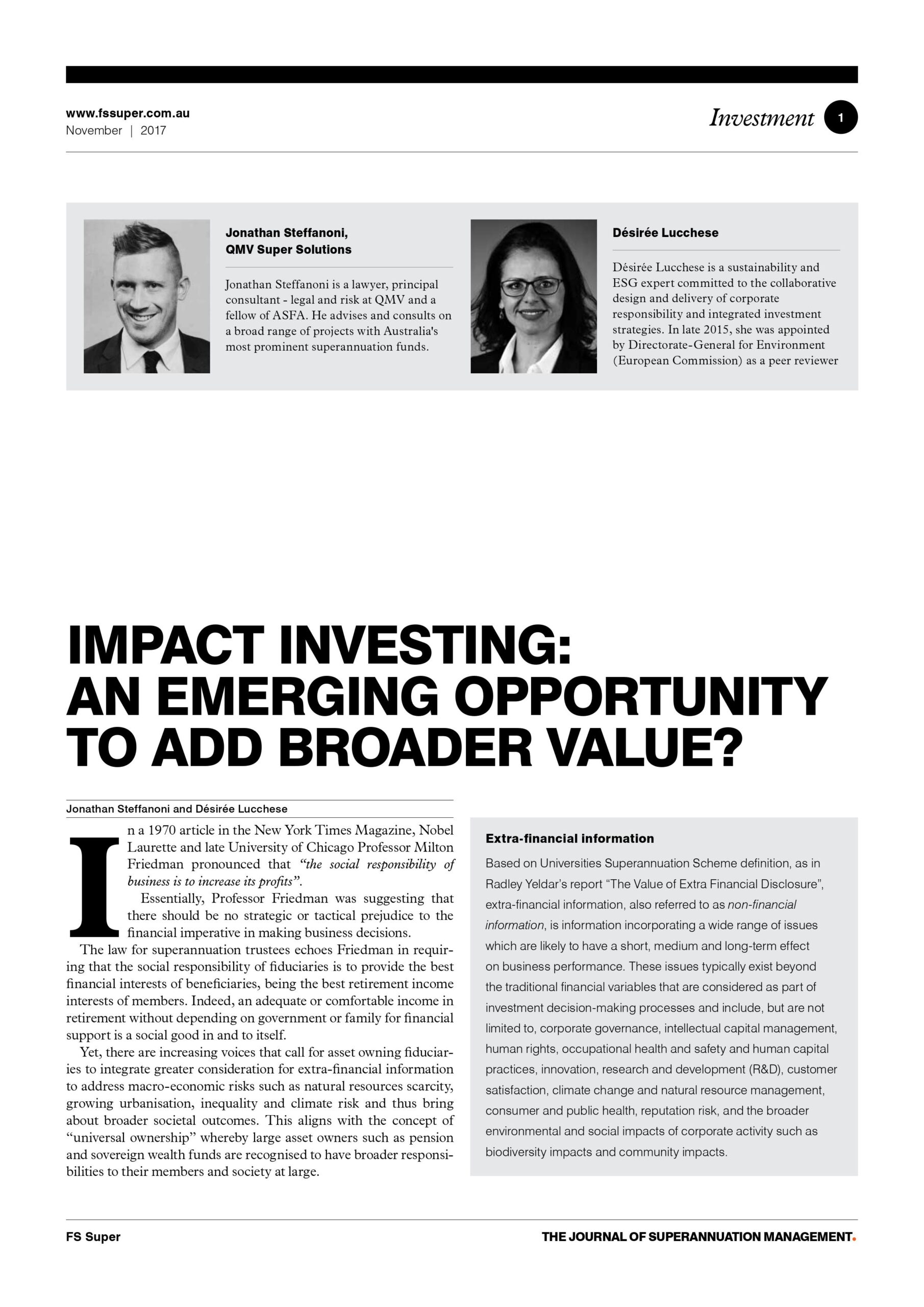 Impact investing: An emerging opportunity to add broader value?