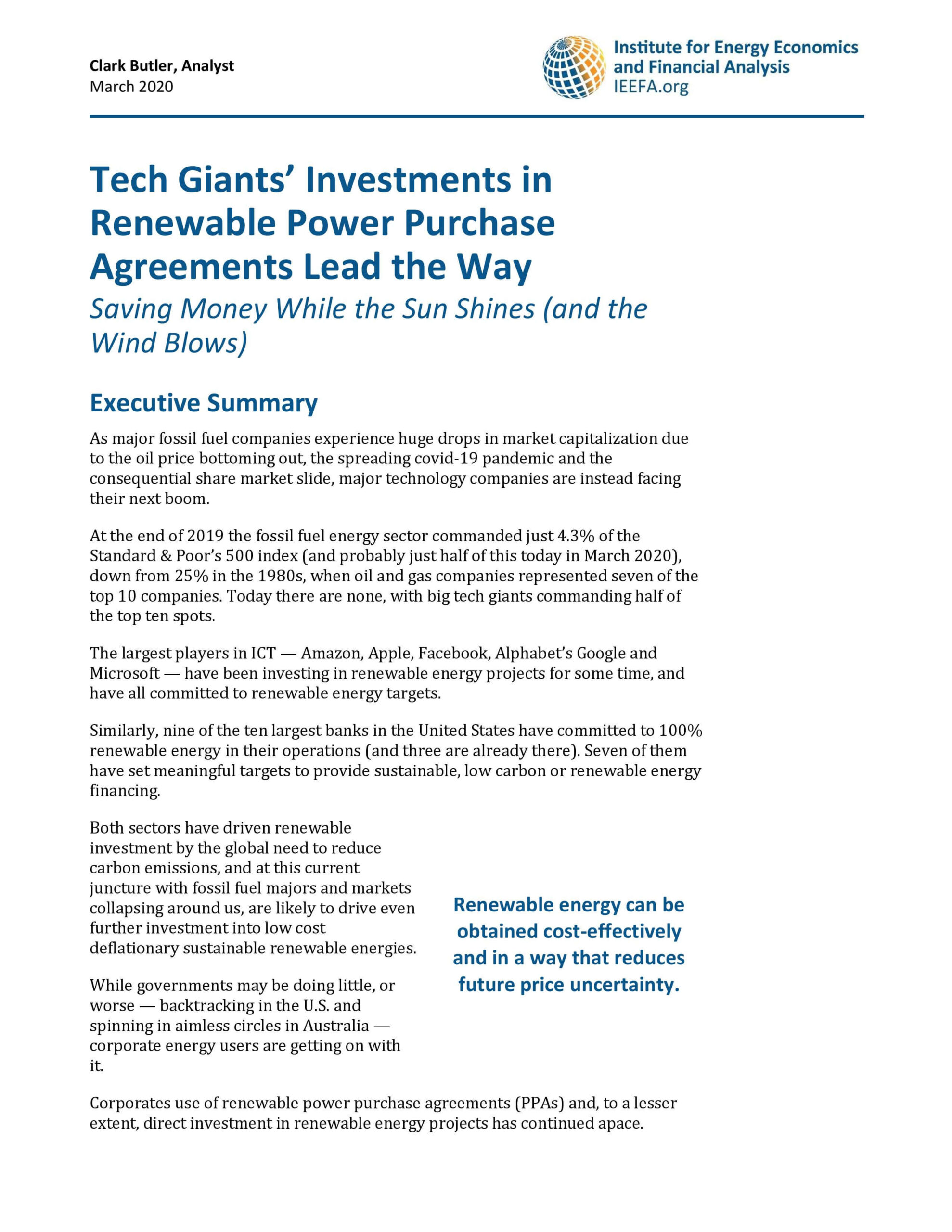 Tech giants' investments in renewable power purchase agreements lead the way: Saving money while the sun shines (and the wind blows)