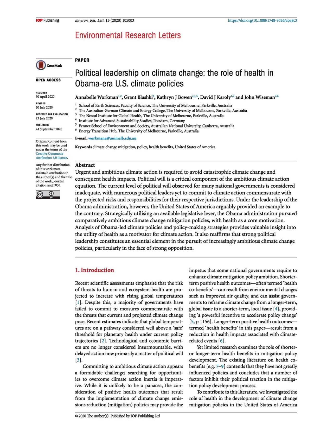 Political leadership on climate change: The role of health in Obama era U.S. climate policies