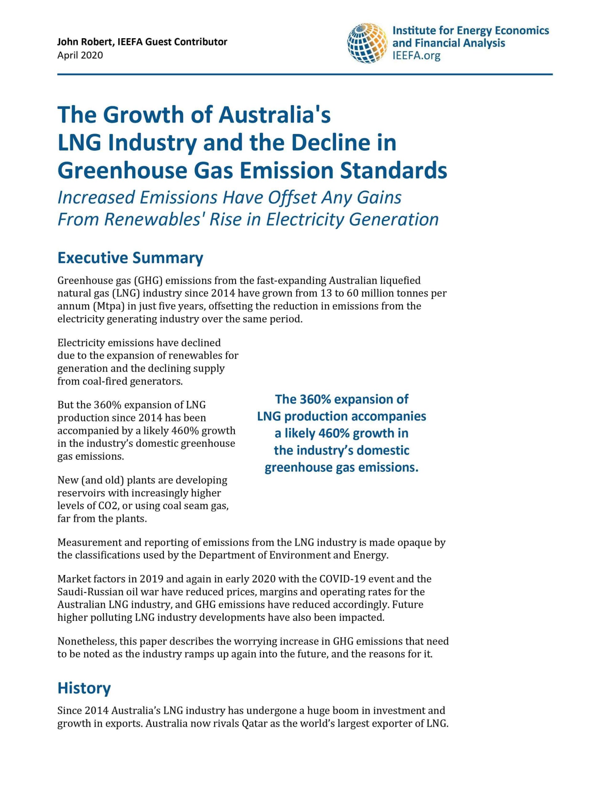 The growth of Australia's LNG industry and the decline in greenhouse gas emission standards: Increased emissions have offset any gains from renewables' rise in electricity generation