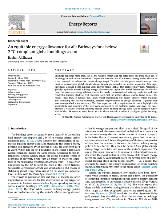 An equitable energy allowance for all: Pathways for a below 2◦ C-compliant global buildings sector