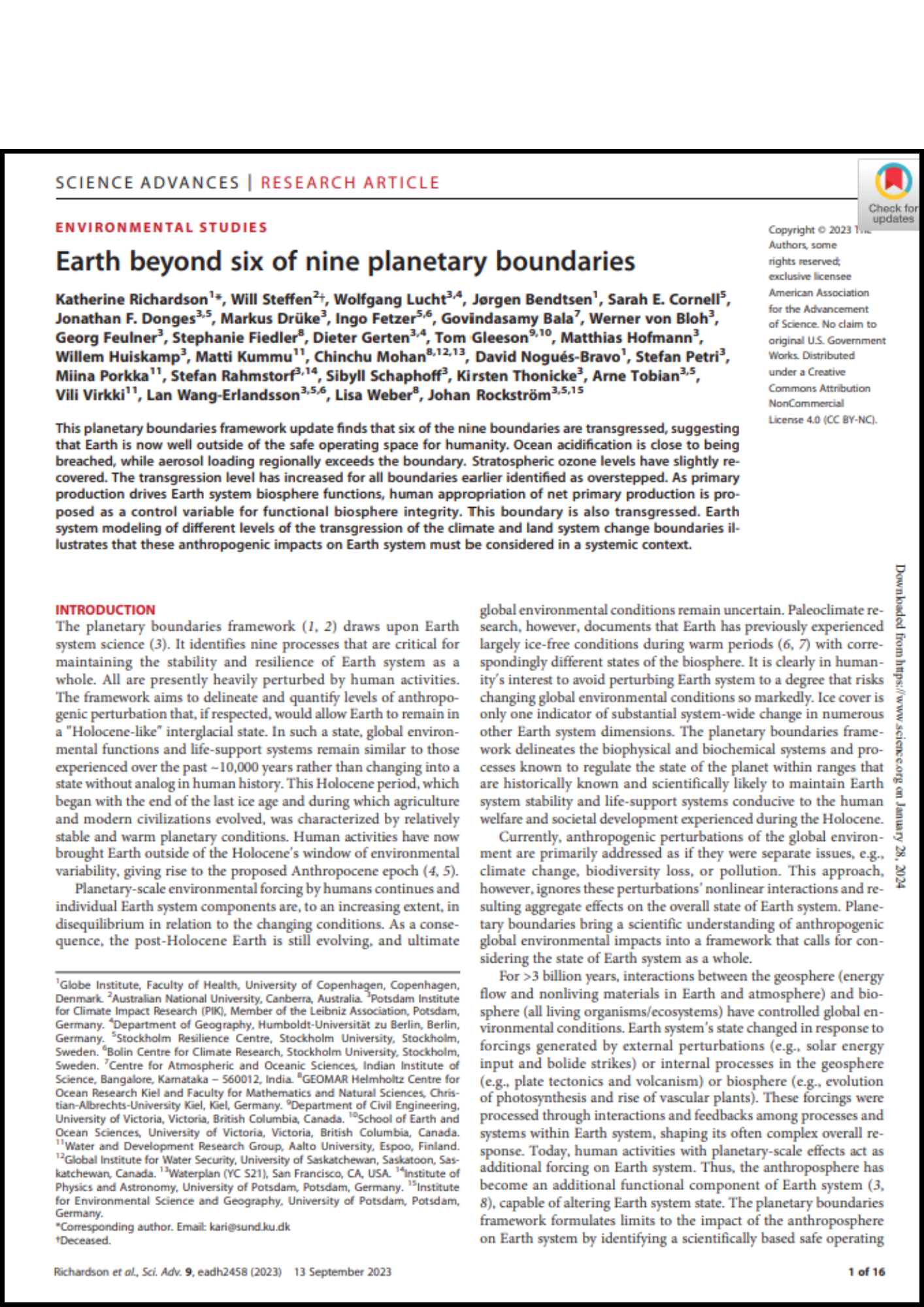 Earth beyond six of nine planetary boundaries