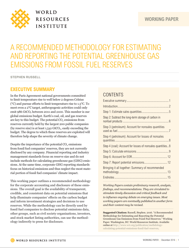 A recommended methodology for estimating and reporting the potential greenhouse gas emissions from fossil fuel reserves