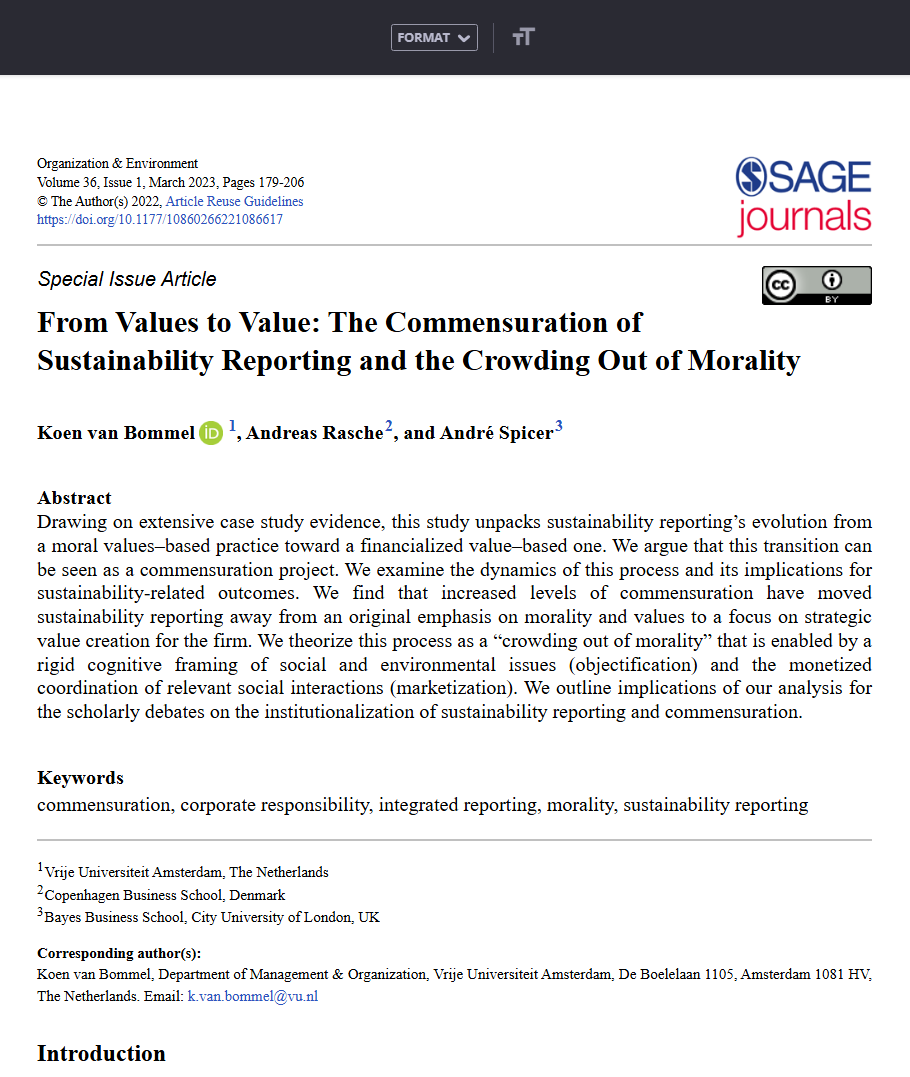 From values to value: The commensuration of sustainability reporting and the crowding out of morality