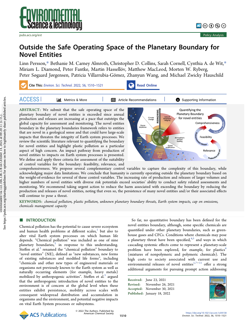 Outside the safe operating space of the planetary boundary for novel entities