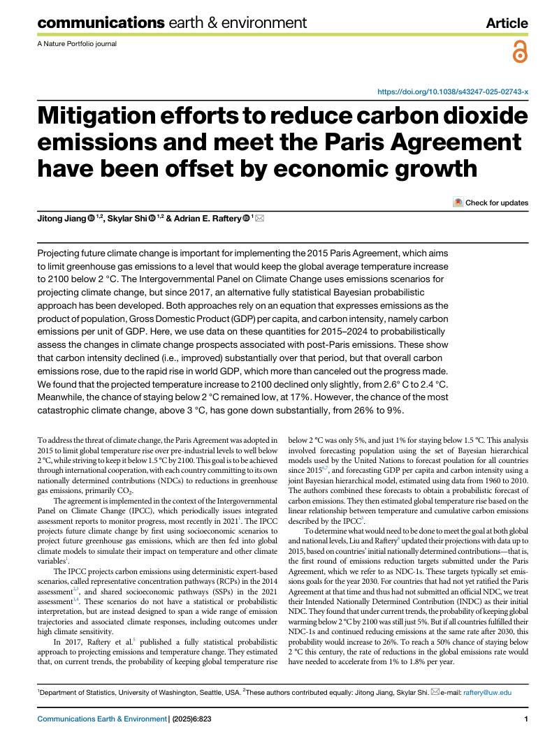 Mitigation efforts to reduce carbon dioxide emissions and meet the Paris Agreement have been offset by economic growth