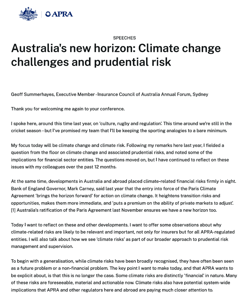 Australia's new horizon: Climate change challenges and prudential risk