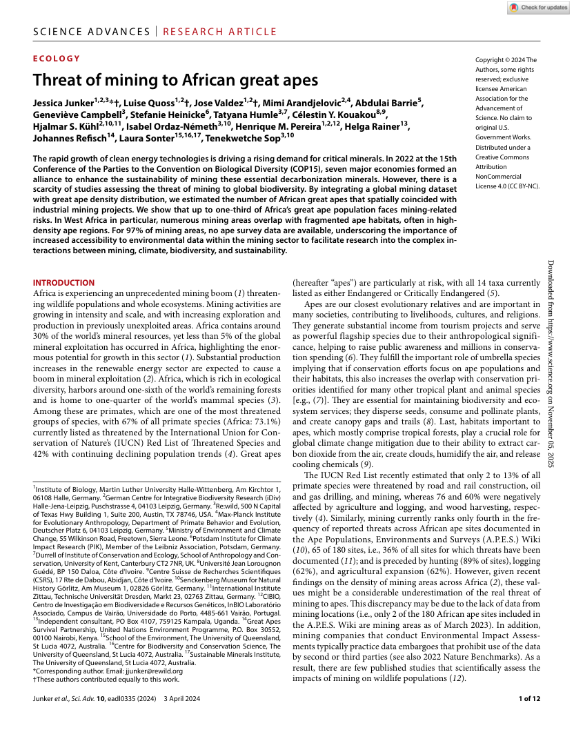 Threat of mining to African great apes