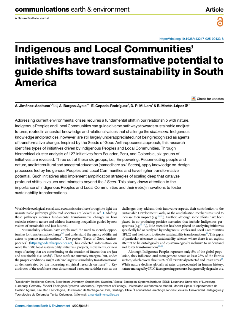 Indigenous and local communities’ initiatives have transformative potential to guide shifts toward sustainability in South America