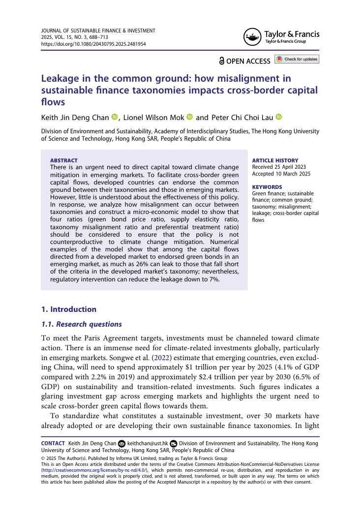 Leakage in the common ground: How misalignment in sustainable finance taxonomies impacts cross-border capital flows