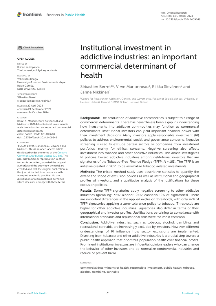Institutional investment in addictive industries: An important commercial determinant of health