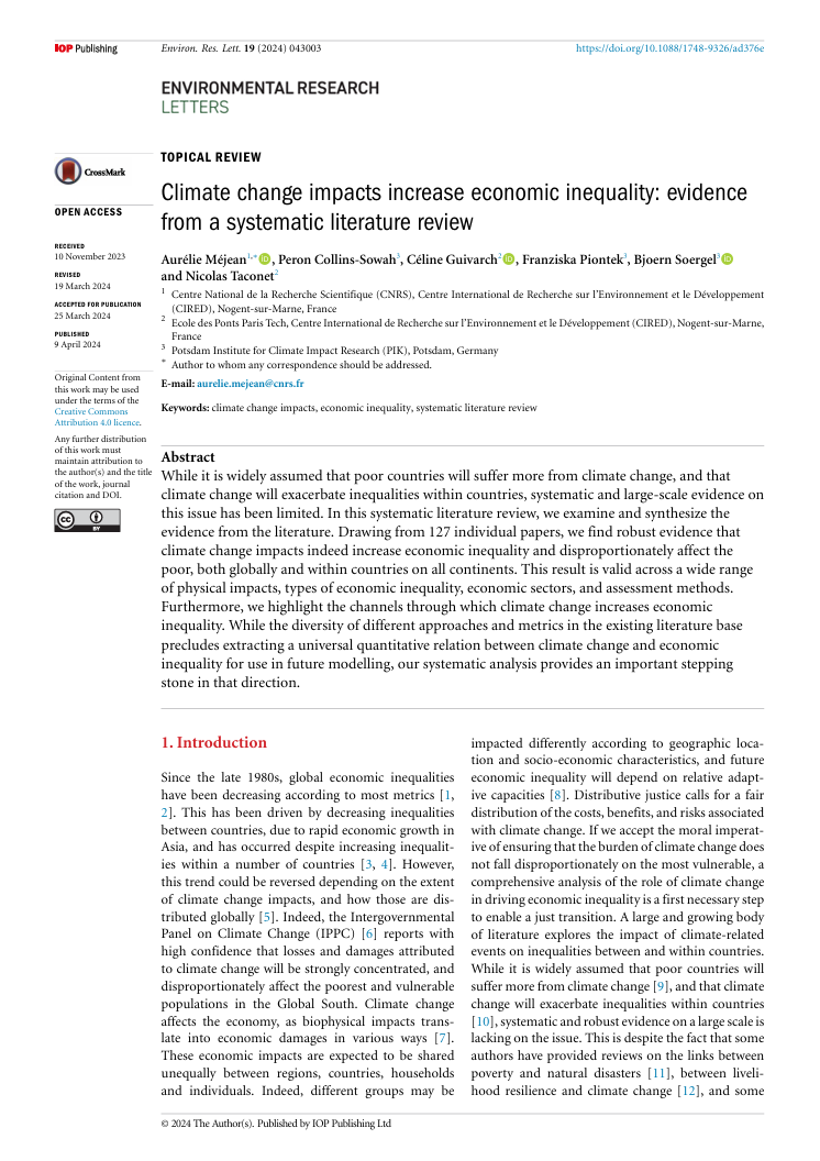 Climate change impacts increase economic inequality: Evidence from a systematic literature review