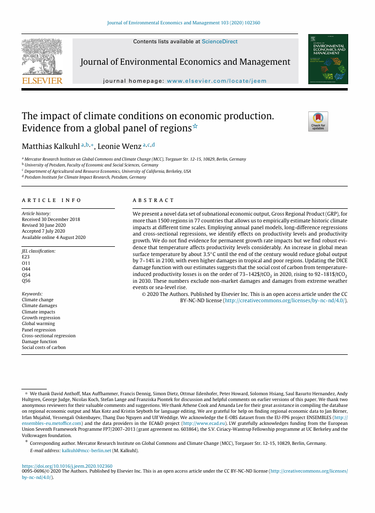 The impact of climate conditions on economic production: Evidence from a global panel of regions