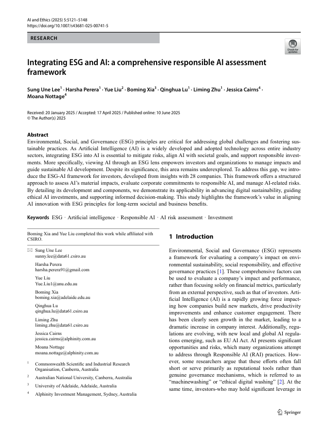 Integrating ESG and AI: A comprehensive responsible AI assessment framework