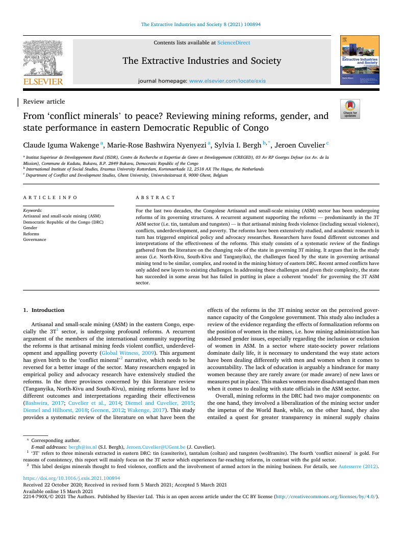 From ‘conflict minerals’ to peace? reviewing mining reforms, gender, and state performance in eastern Democratic Republic of Congo