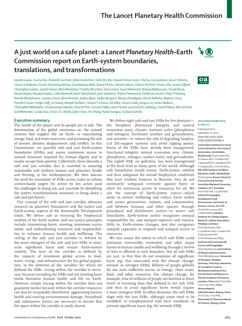 A just world on a safe planet: A Lancet Planetary Health–Earth Commission report on Earth-system boundaries, translations, and transformations