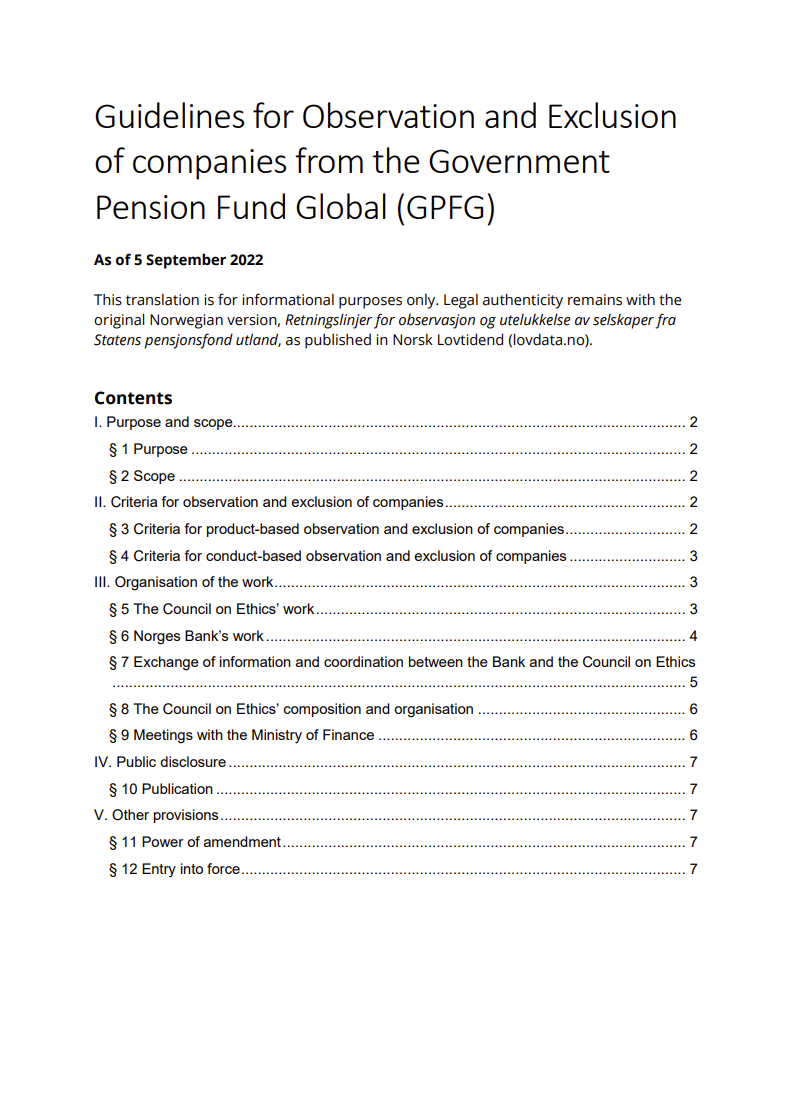 Guidelines for observation and exclusion of companies from the government pension fund global (GPFG)