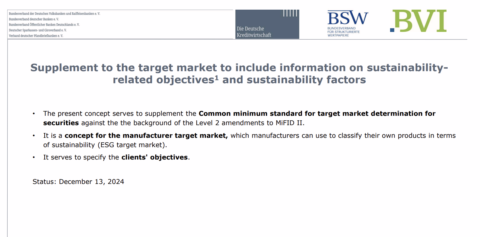 Supplement to the target market to include information on sustainability related objectives1 and sustainability factors
