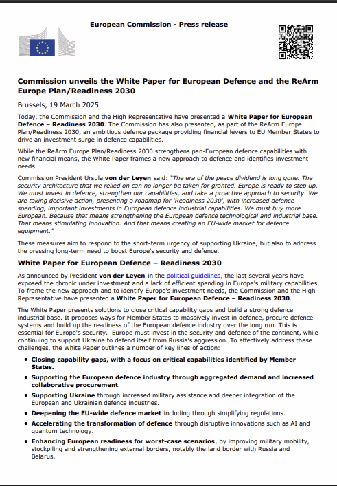 Commission unveils the white paper for european defence and the rearm europe plan readiness 2030