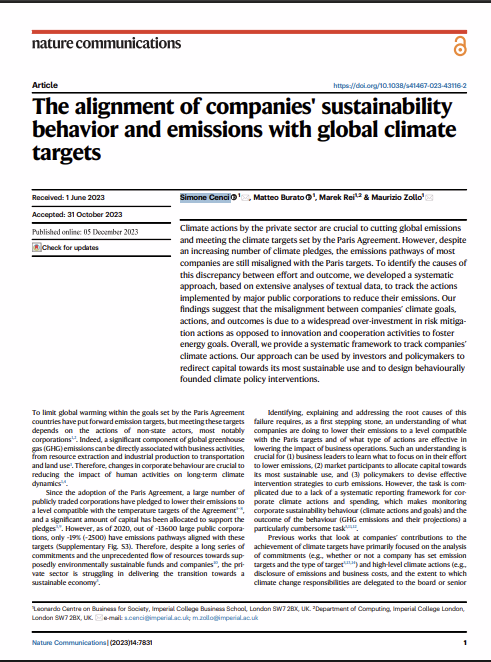 The alignment of companies' sustainability behavior and emissions with global climate targets