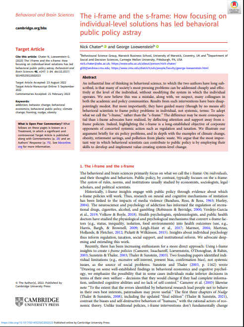 The i-frame and the s-frame: How focusing on individual-level solutions has led behavioral public policy astray