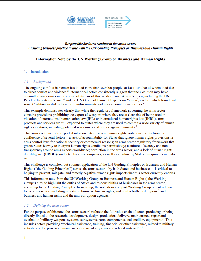 Responsible business conduct in the arms sector: Ensuring business practice in line with the UN guiding principles on business and human rights