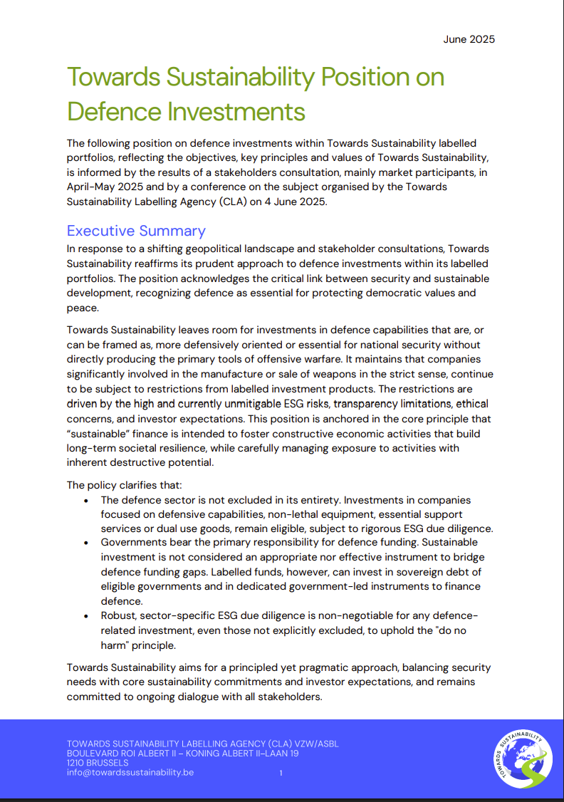 Towards sustainability position on defence investments