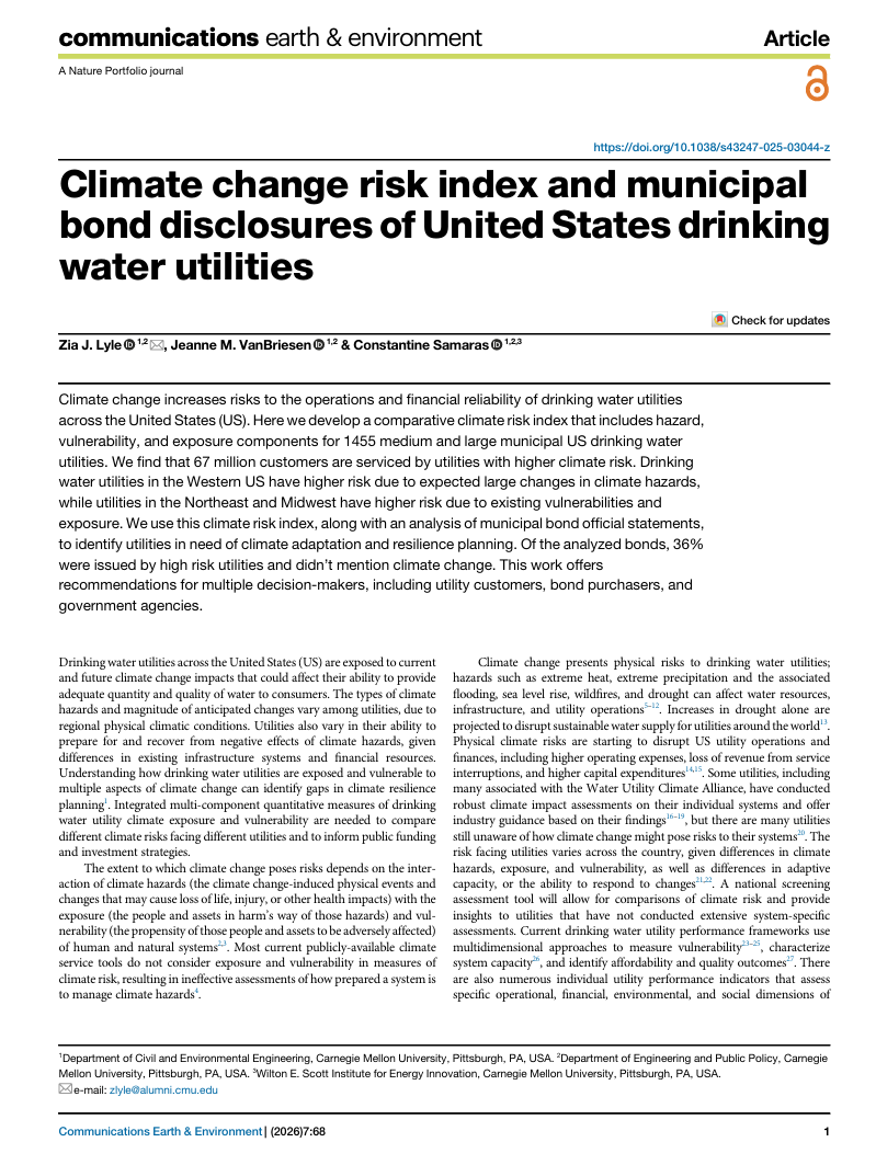 Climate change risk index and municipal bond disclosures of United States drinking water utilities