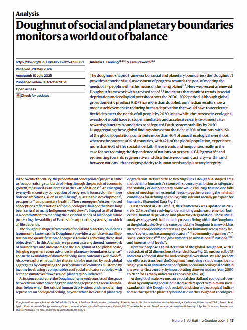 Doughnut of social and planetary boundaries monitors a world out of balance series