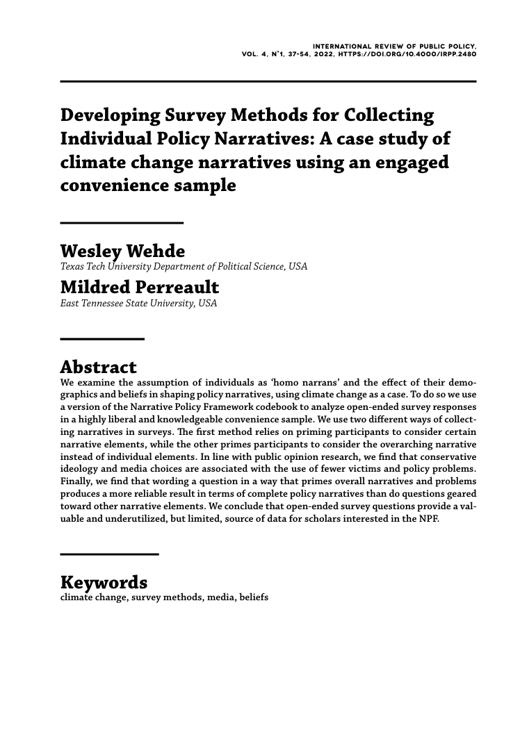 Developing survey methods for collecting individual policy narratives: A case study of climate change narratives using an engaged convenience sample