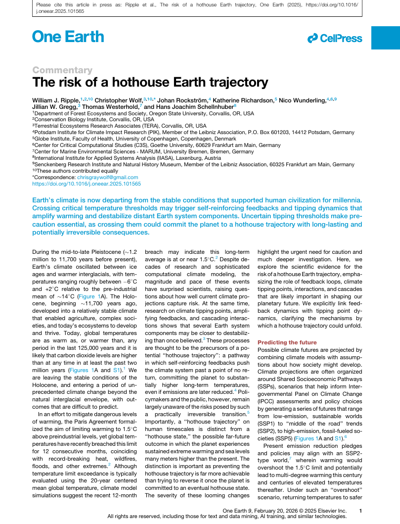 One Earth: The risk of a hothouse Earth trajectory