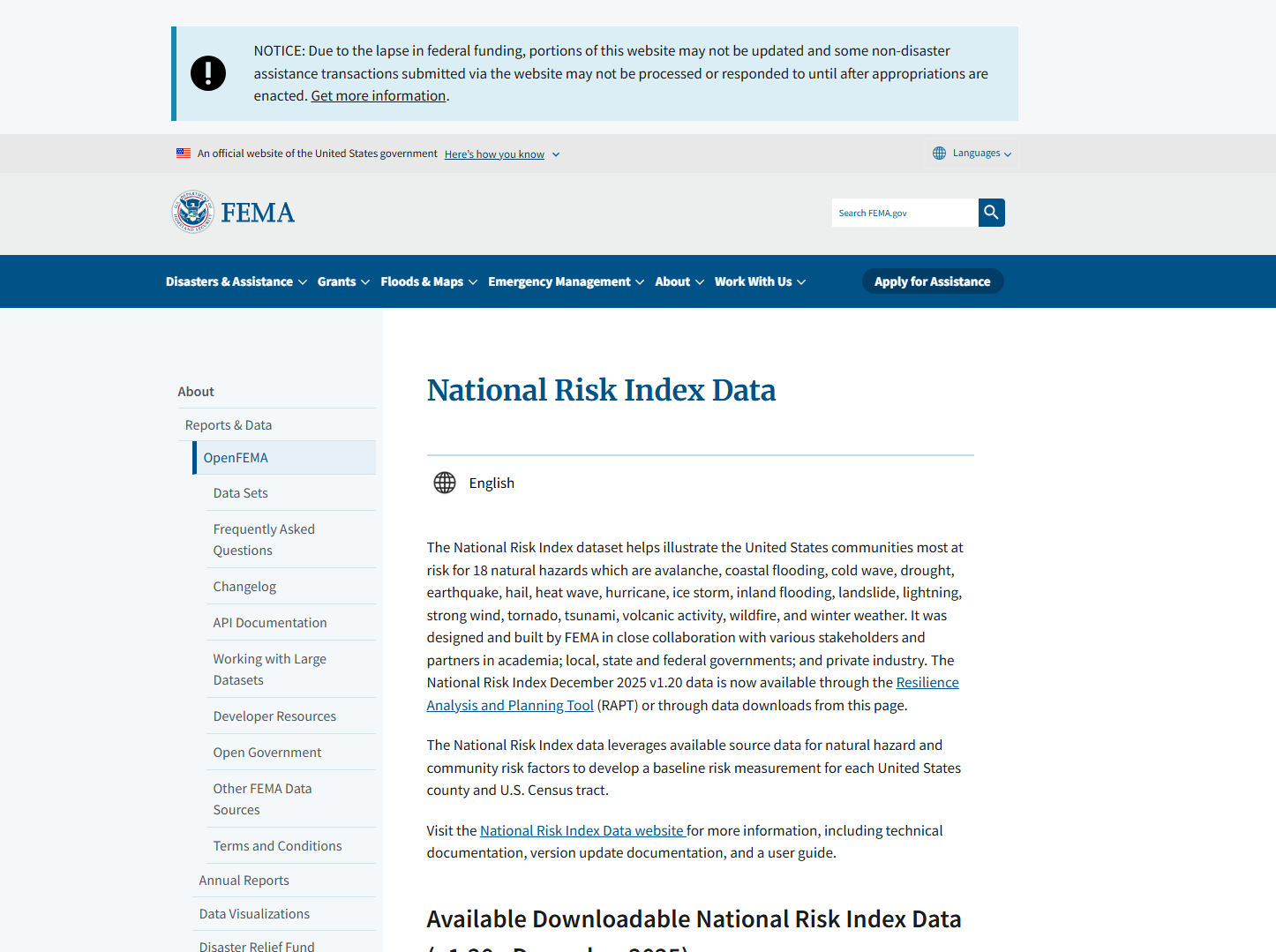 OpenFEMA National Risk Index Data