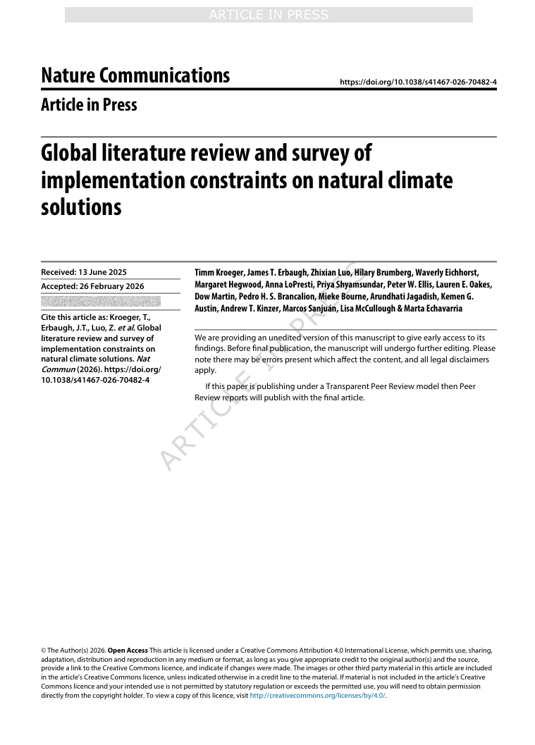 Global literature review and survey of implementation constraints on natural climate solutions