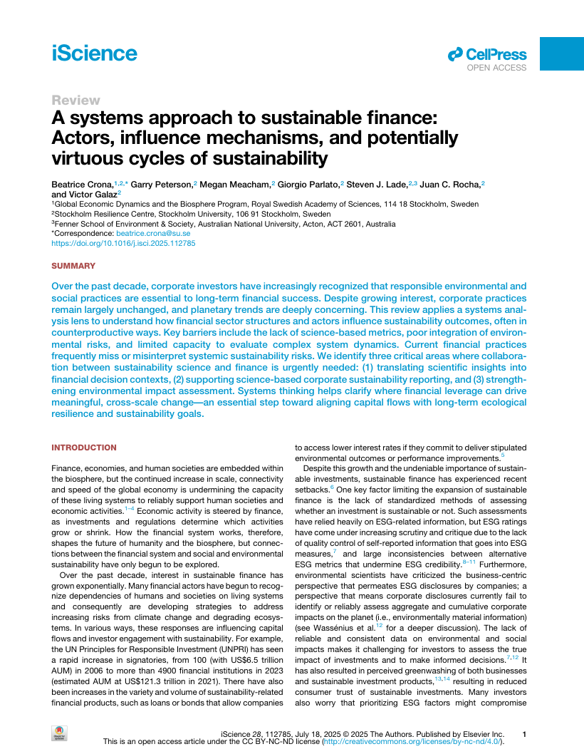 A systems approach to sustainable finance: Actors, influence mechanisms, and potentially virtuous cycles of sustainability
