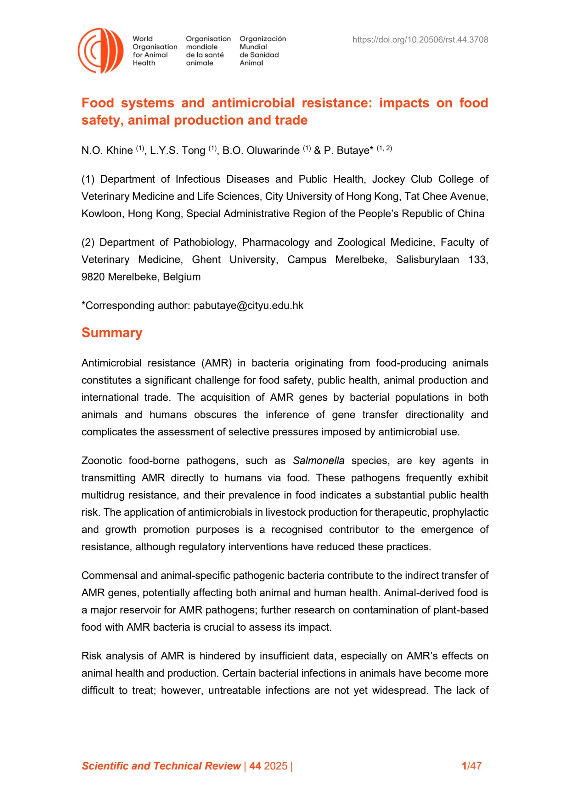Food systems and antimicrobial resistance: Impacts on food safety, animal production and trade