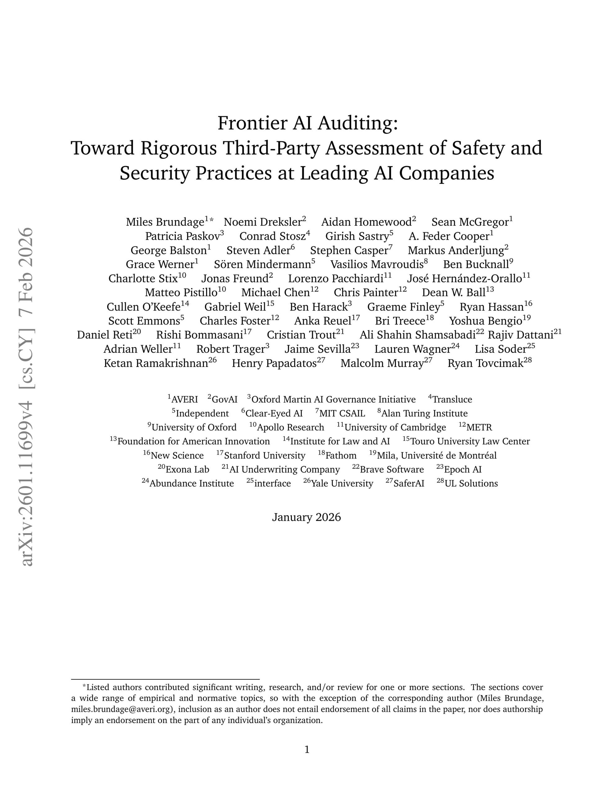 Frontier AI auditing: Toward rigorous third-party assessment of safety and security practices at leading AI companies