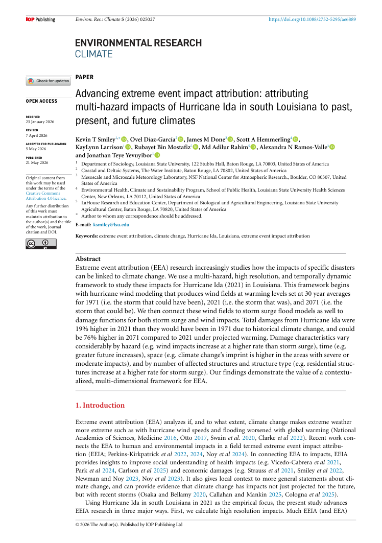 Advancing extreme event impact attribution: Attributing multi-hazard impacts of Hurricane Ida in south Louisiana to past, present, and future climates