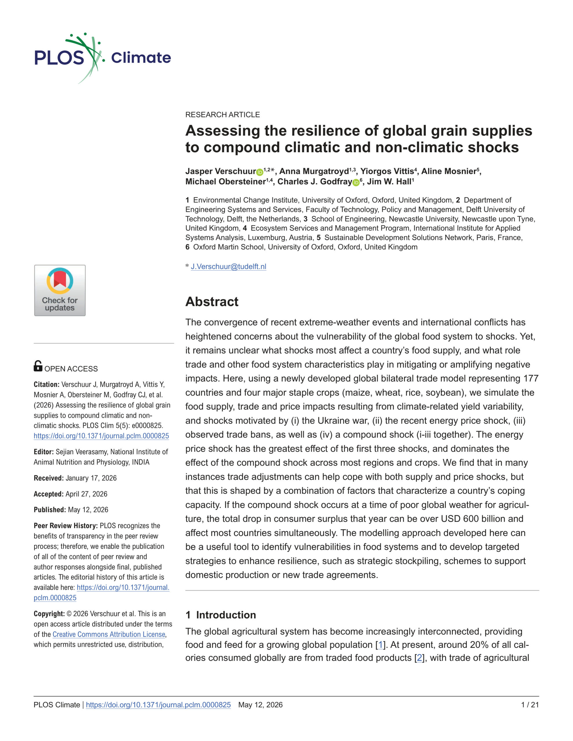 Assessing the resilience of global grain supplies to compound climatic and non-climatic shocks