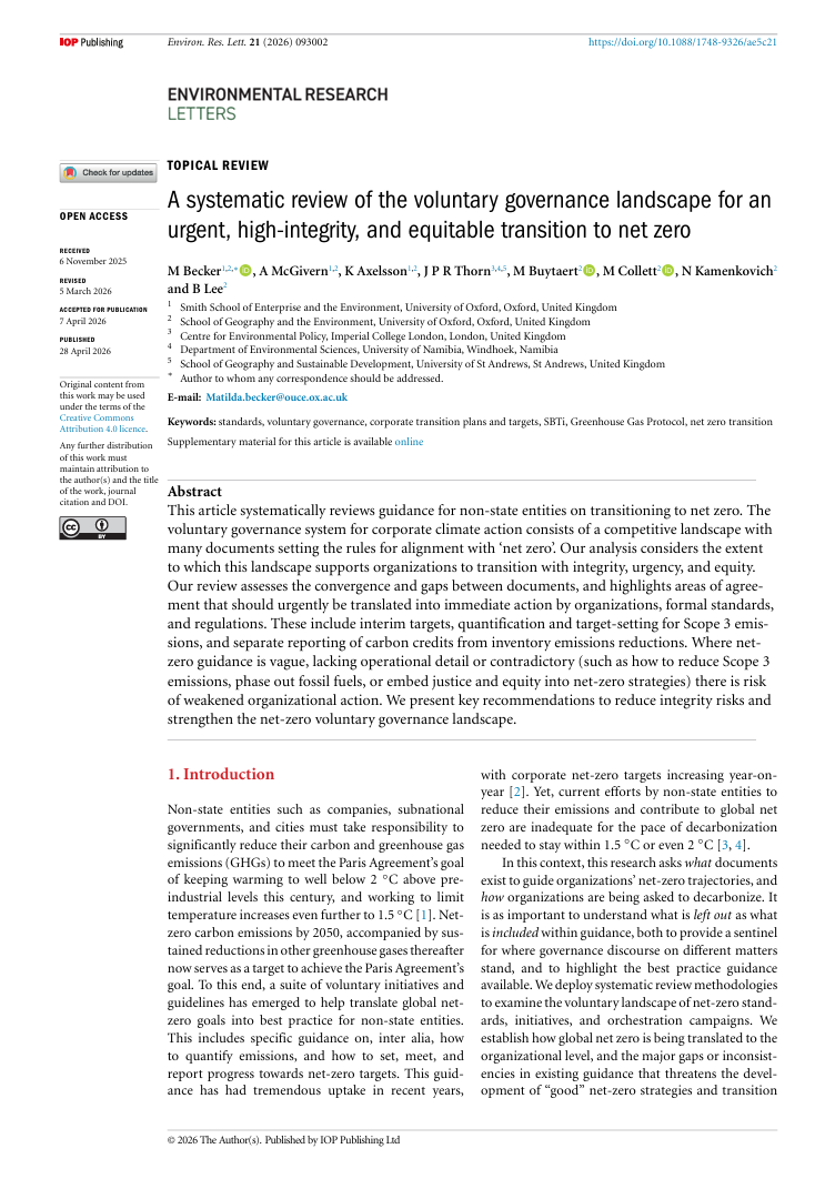 A systematic review of the voluntary governance landscape for an urgent, high-integrity, and equitable transition to net zero