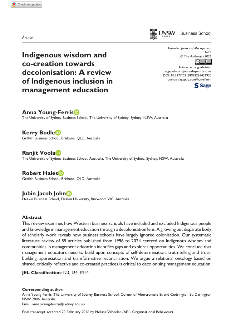 Indigenous wisdom and co-creation towards decolonisation: A review of Indigenous inclusion in management education
