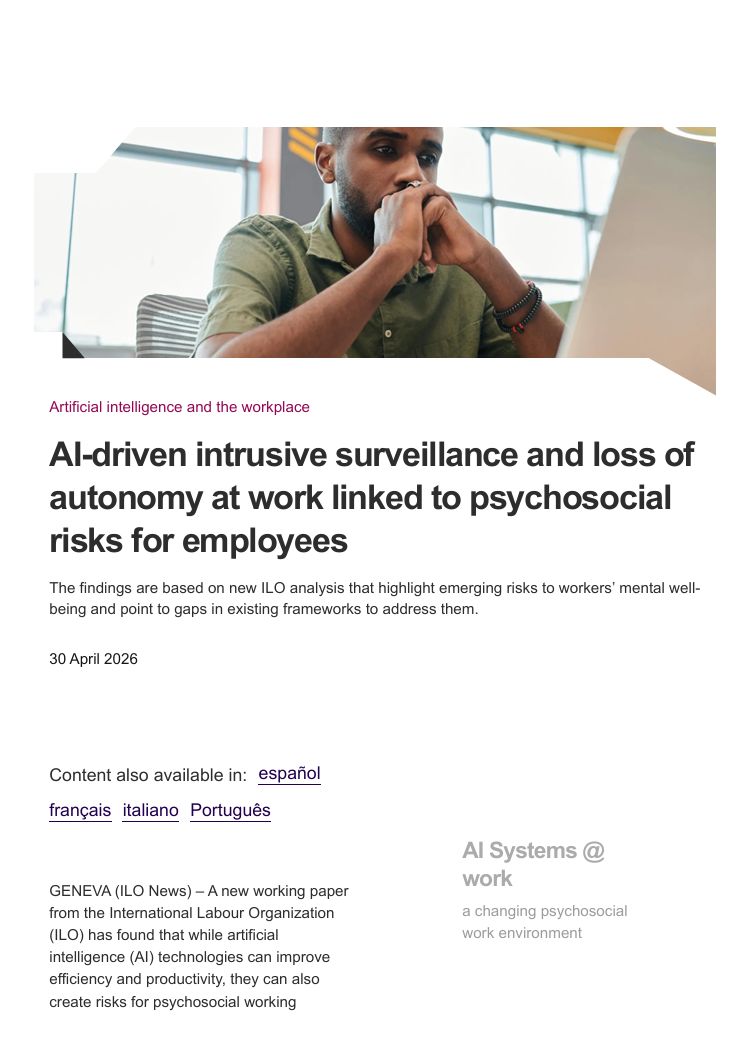 AI-driven intrusive surveillance and loss of autonomy at work linked to psychosocial risks for employees