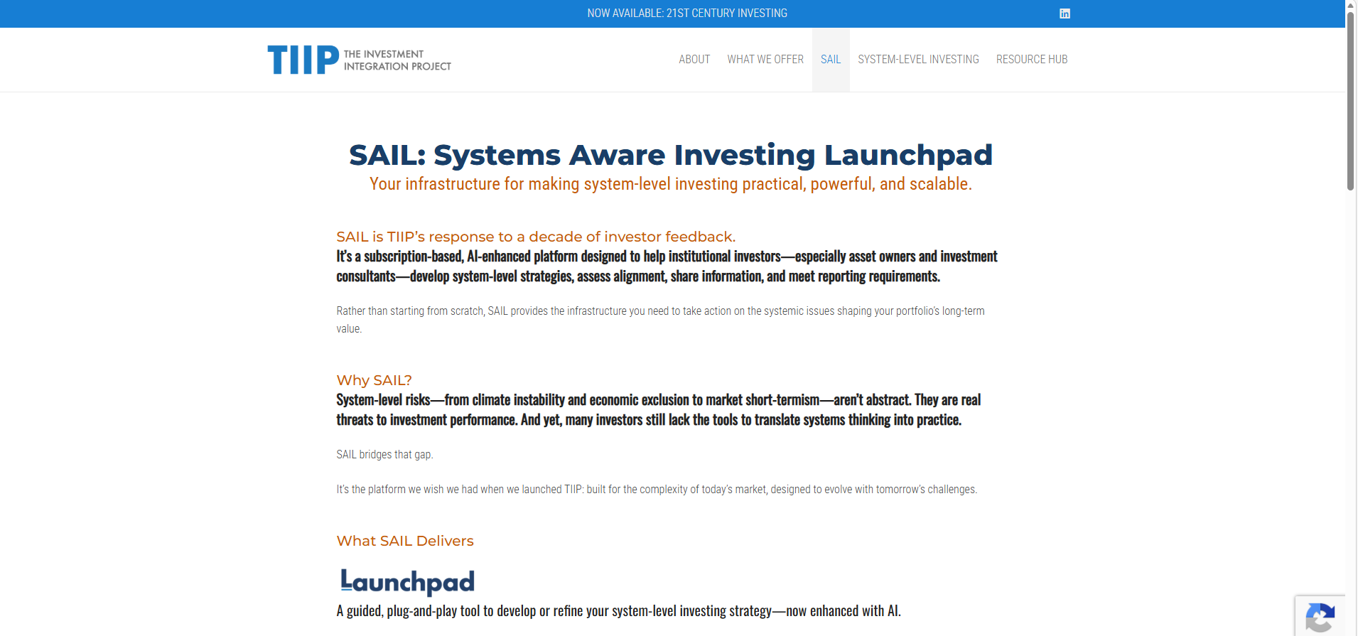 SAIL: Systems Aware Investing Launchpad
