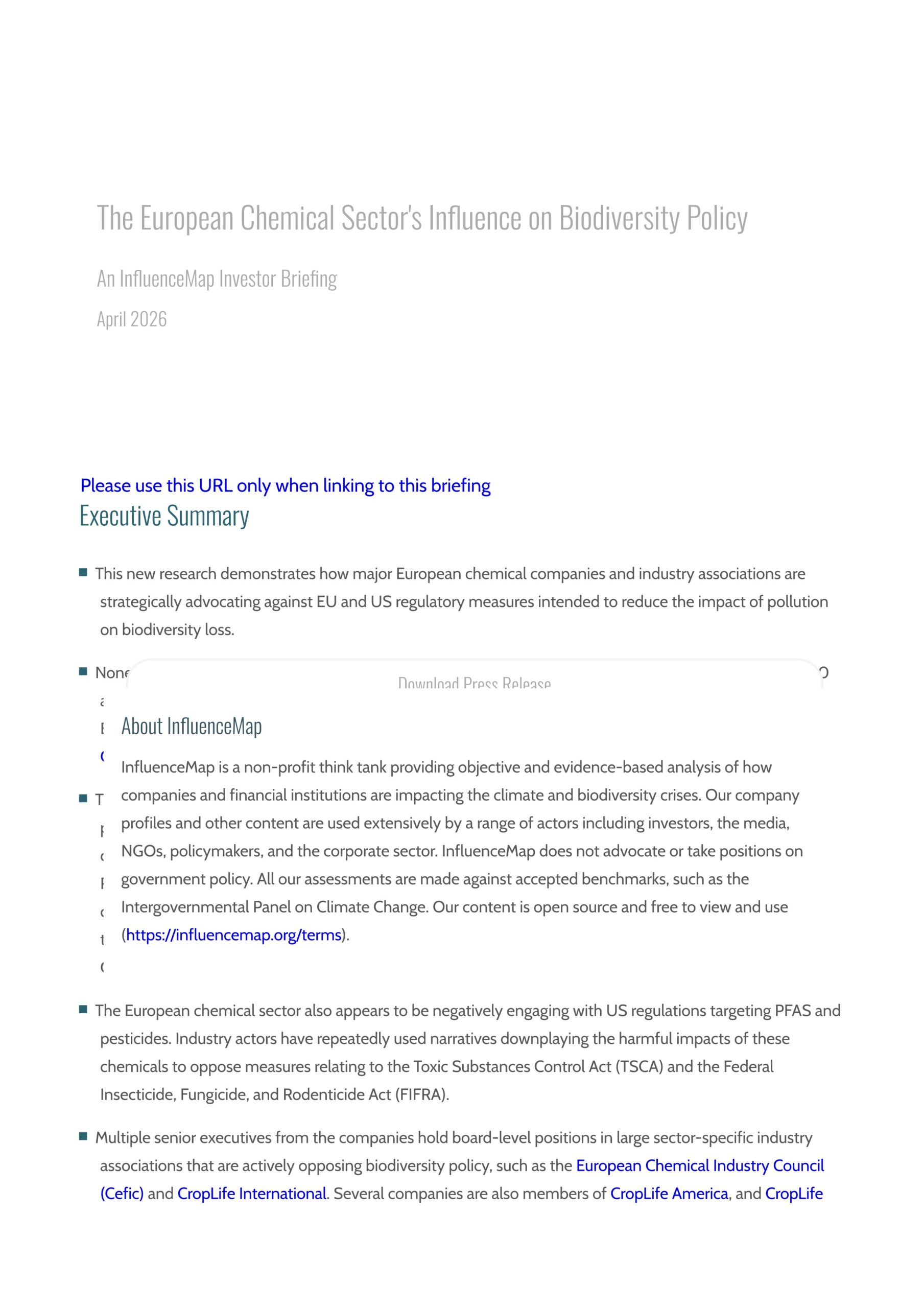 The European chemical sector's influence on biodiversity policy