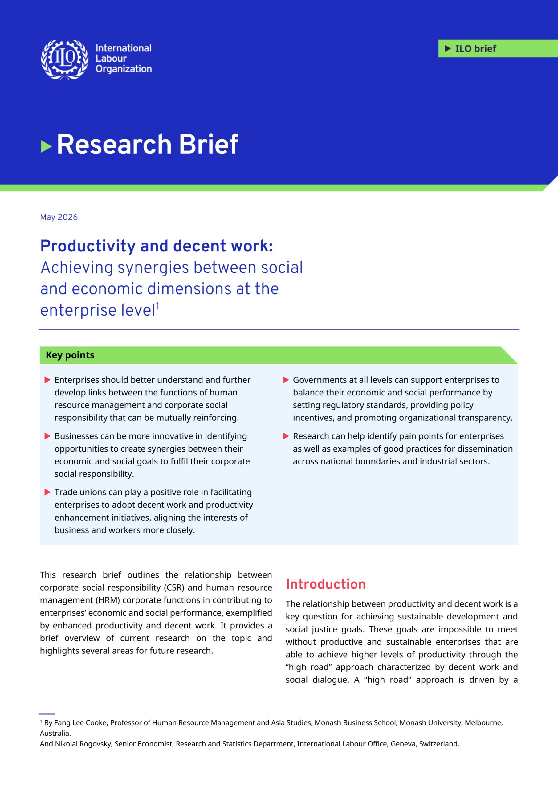 Productivity and decent work: Achieving synergies between social and economic dimensions at the enterprise level