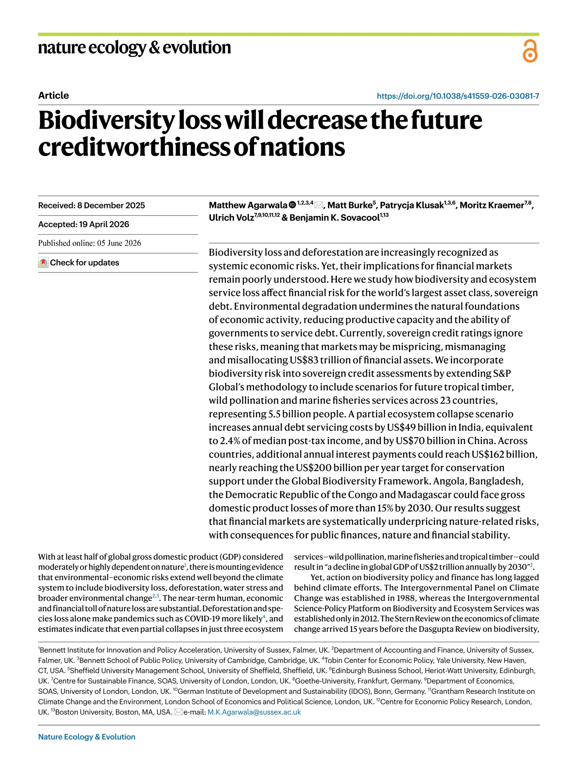 Biodiversity loss will decrease the future creditworthiness of nations