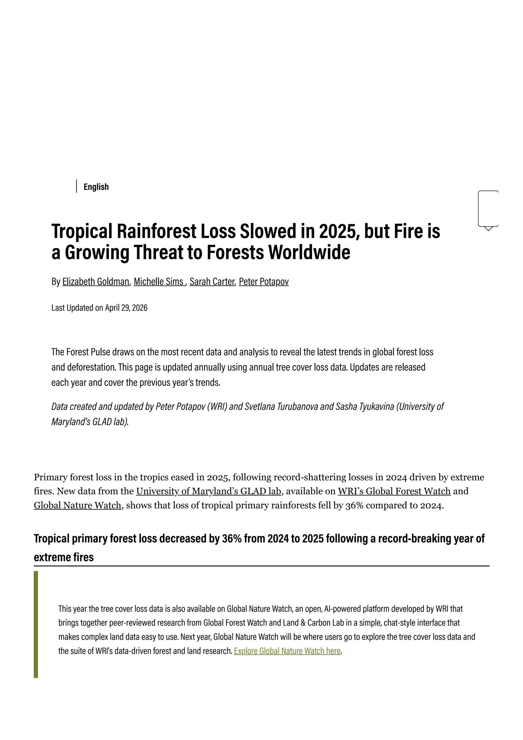 Tropical rainforest loss slowed in 2025, but fire is a growing threat to forests worldwide