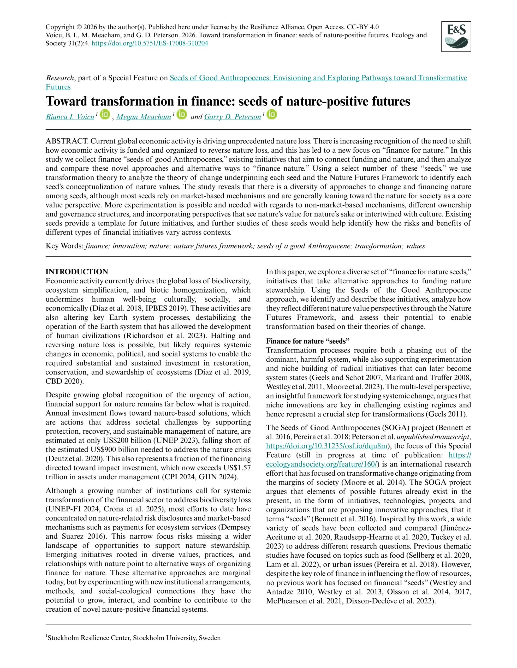 Toward transformation in finance: Seeds of nature-positive futures