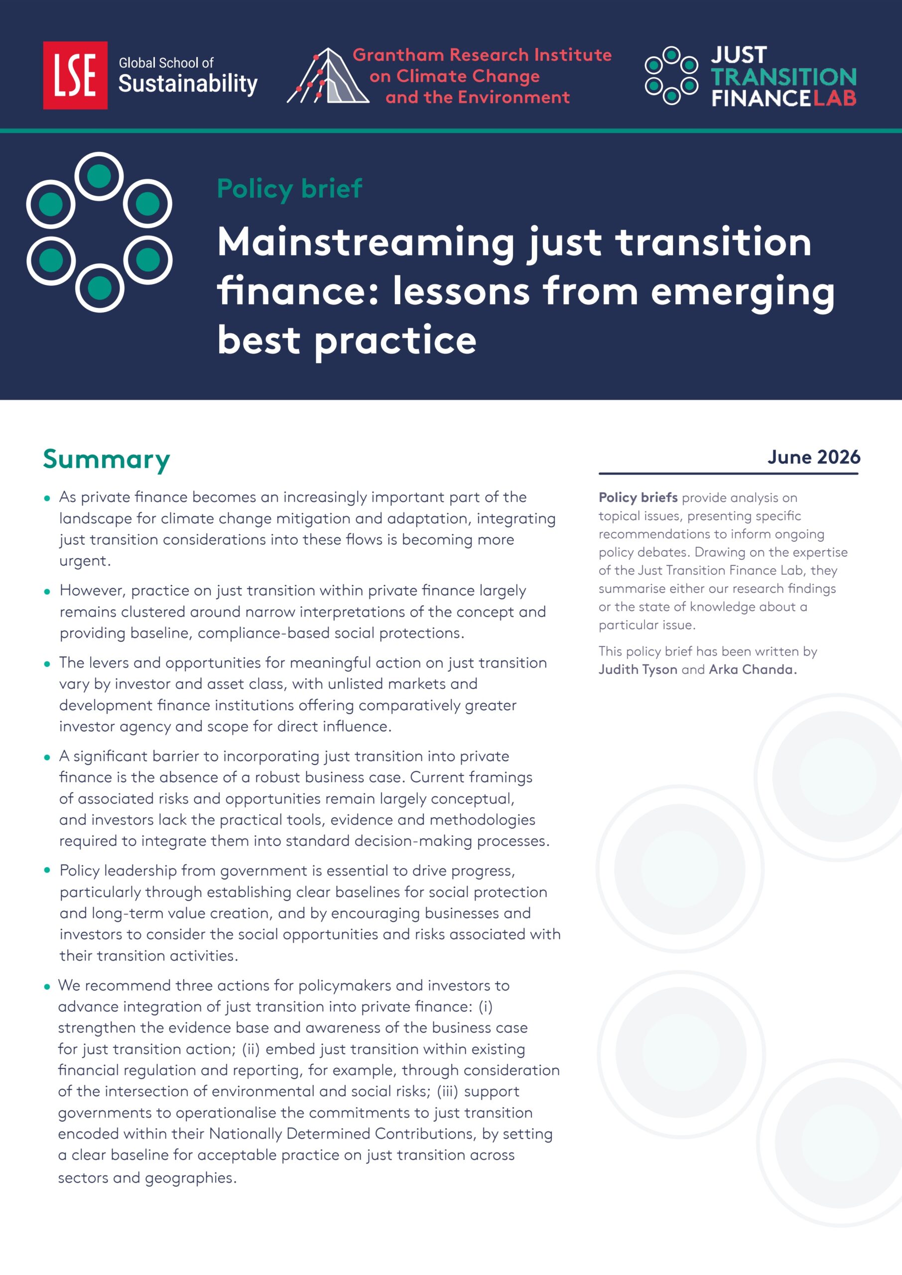 Mainstreaming just transition finance: Lessons from emerging best practice